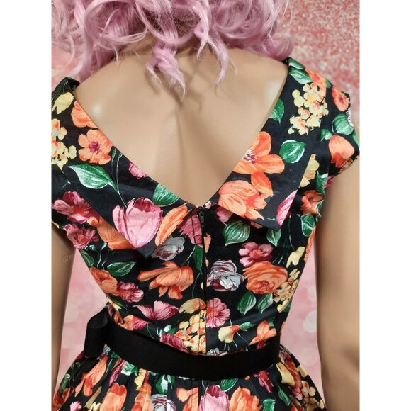 Vintage 80s Belted Floral Dress Prom Party S Retro 50s Sleeveless Crinoline - Picture 3 of 13